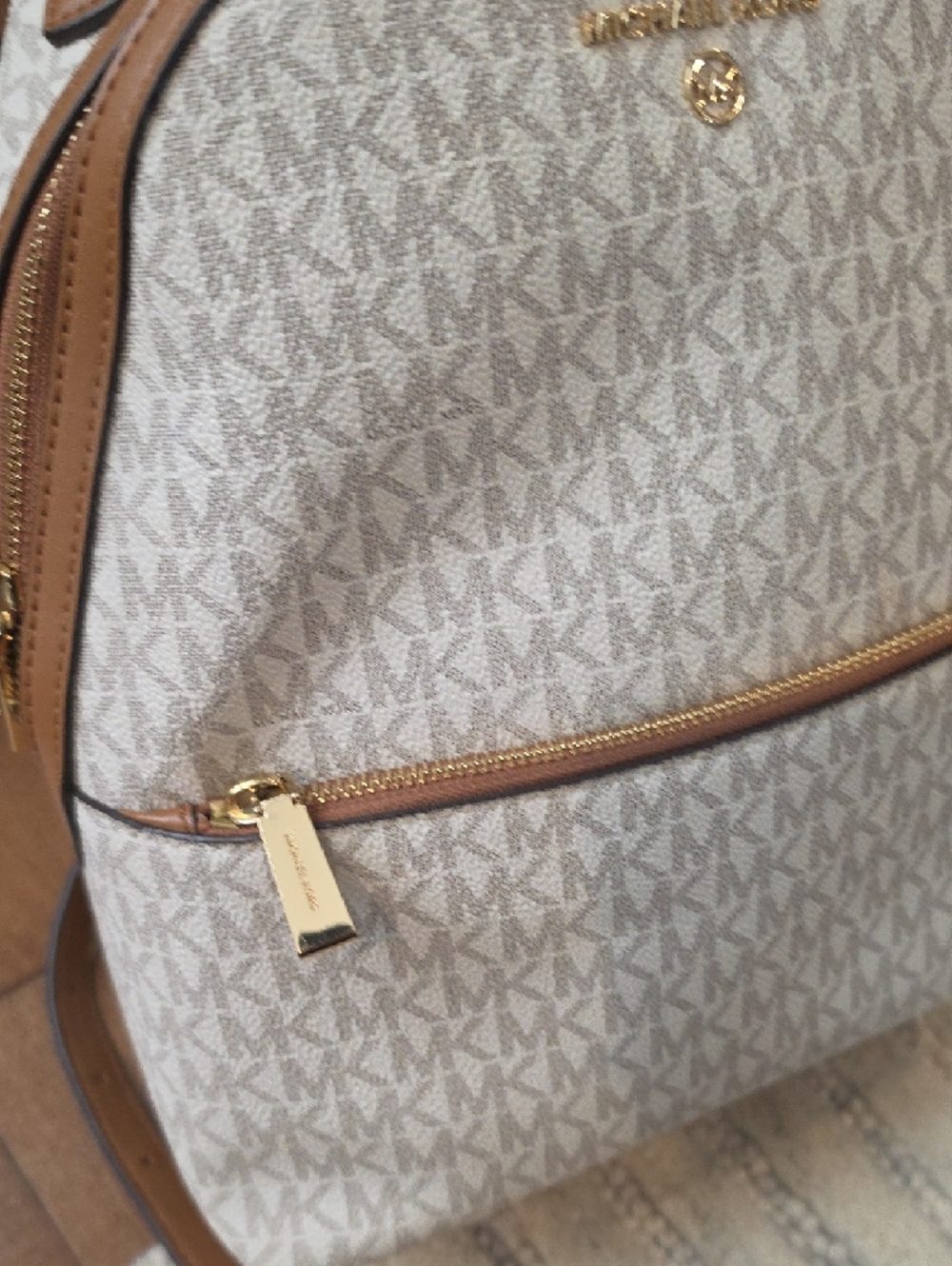 Michael Kors Cream Signature Logo Backpack with Brown Trim - Picture 6 of 8